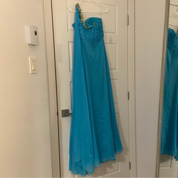 Tiffany Designs Bright Light Blue & Gold One Shoulder Maxi Formal Prom Dress - Picture 11 of 12